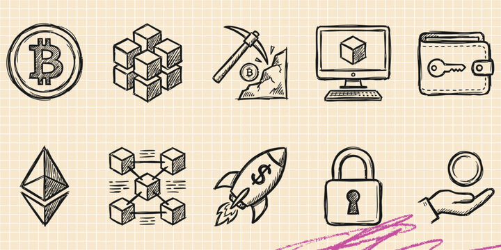 Black ink scribble doodle vector vintage hand drawn set of cryptocurrency bitcoin blockchain and digital money finance