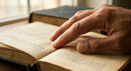 Naklejka premium Close up of a hand resting on the open page of an old vintage book by a window