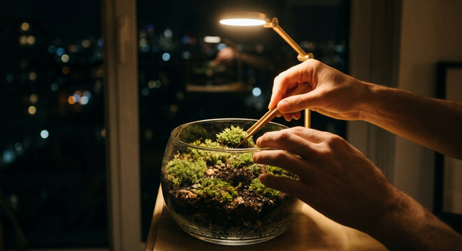 Close up of hands carefully planting green moss in a glass terrarium bowl with tweezers at night