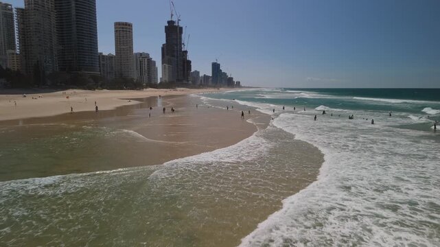 Aerial of Surfers Paradise Beach Swimmers and Skyline