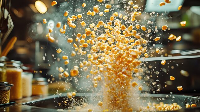 Corn kernel scatter sweet kernels exploding upward kitchen environment mid-flight dispersed various heights angles blurred cooking background dynamic motion