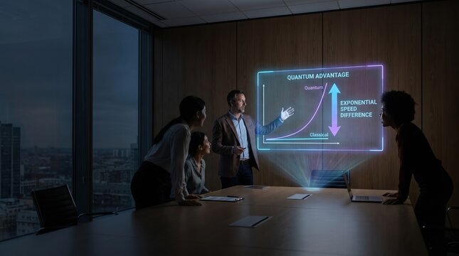 Tech CEO in a dark boardroom presenting a glowing holographic chart showing the exponential speed difference between classical and quantum computing, amazed executives.Copy space