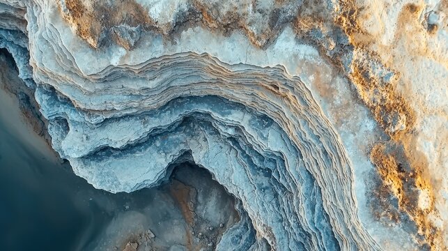 Natural limestone surface texture with dramatic layered stratification patterns, weathered sedimentary rock formation in blue-gray and beige tones, aerial overhead view