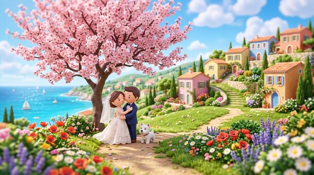 Romantic 3D cartoon tilt-shift diorama of a bride and groom hugging under a pink sakura tree with a cute dog. Beautiful Mediterranean seaside town background with bright flowers and ocean