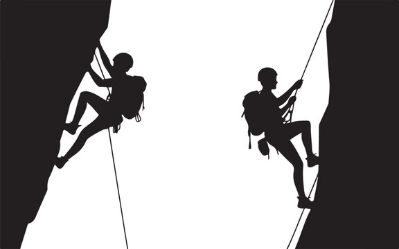 Two climbers ascending a rock wall with ropes