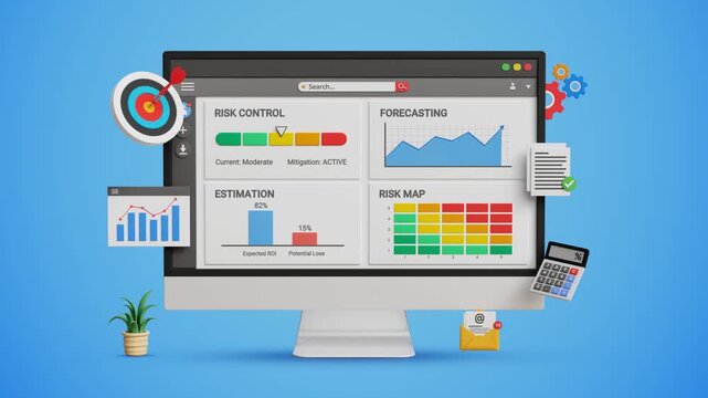 Risk Management and Control. Financial Management Strategies. Identifying, Assessing and Mitigating Investment Risk Analysis, Risk Control, Risk Map graphics on Computer. 4K 3D Video Animation