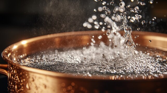Copper pot heating creating vigorous bubbling and splashing boiling water with dramatic motion freeze and reflective copper surface