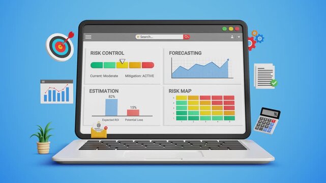Risk Management and Control. Financial Management Strategies. Identifying, Assessing and Mitigating Investment Risk Analysis, Risk Control, Risk Map graphics on Laptop. 4K 3D Video Animation