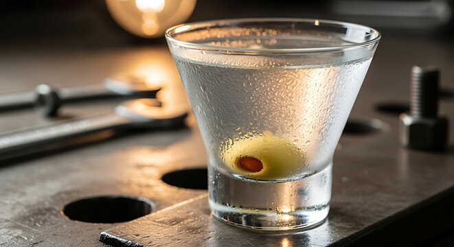 A chilled martini in a glass with an olive, condensation droplets, set against a rustic metal surface with tools and a warm glowing light.
