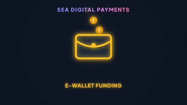 SEA Digital Payments Motion Graphics Sequence showing E-Wallet Funding, Instant P2P Transfer, and Contactless Payment on Dark Background