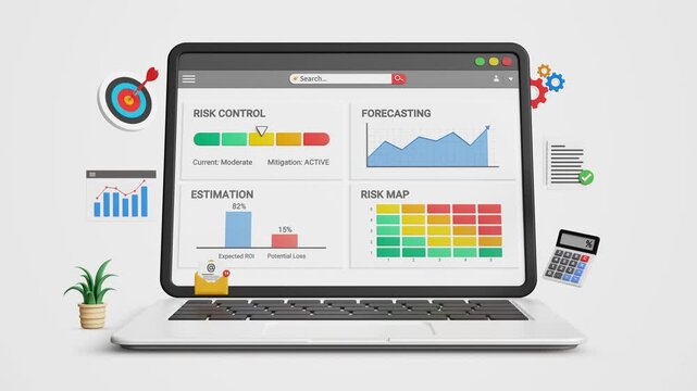Risk Control, Risk Map Framework. Risk Assessment, Analysis, Compliance Monitoring, Mitigation Planning, Operational Safety and Business Continuity Management. Risk Control Map on Laptop. 3D