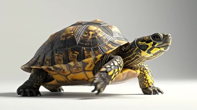 A detailed image of a slow-moving reptile with a patterned shell and legs