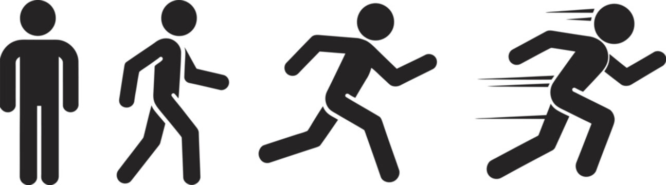Stick figure evolution set showing a person transition from standing to walking then jogging and finally sprinting fast with motion lines.
