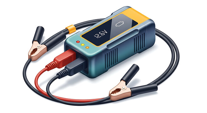 Portable battery charger with jumper cables and alligator clips, digital display, diagnostic tool, automotive accessory