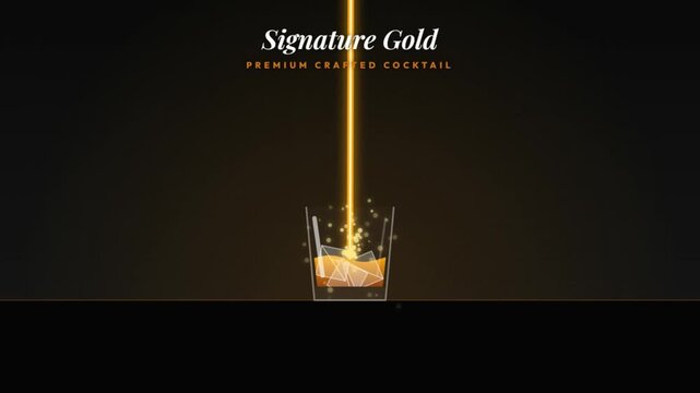 Animated Minimalist Signature Gold Cocktail Pouring into Glass with Ice and Orange Garnish