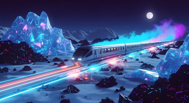 Futuristic high speed train traveling across an alien frozen planet