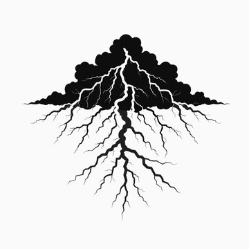 Electric storm cloud, lightning bolt, black silhouette, vector illustration, weather icon