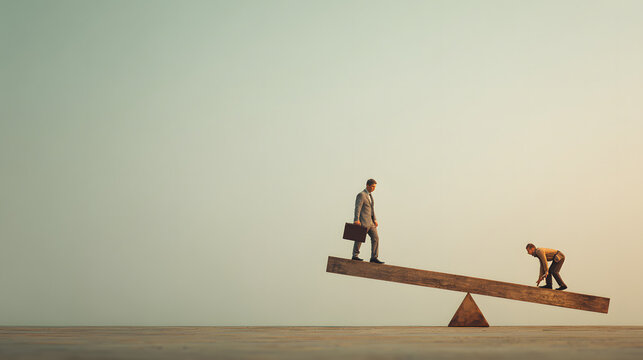 Businessman and Worker on Uneven Seesaw Representing Economic Inequality and Social Imbalance