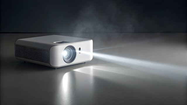 Mini Portable Projector Projecting Light on Neutral Cinematic Scene Mood, Modern Entertainment Gadget Symbolizing Innovation, Home Theater Experience, and Compact Visual Technology