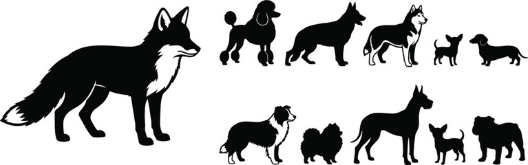 Set of Black and White Dog Breed Silhouettes and Large Wild Fox Vector Illustration for Pet Shop Branding © fulbabu