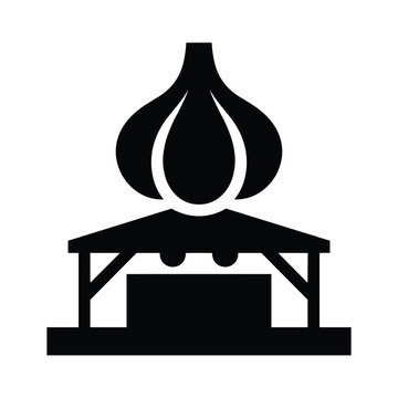 Market stall with giant garlic sign silhouette for street food and farm event.