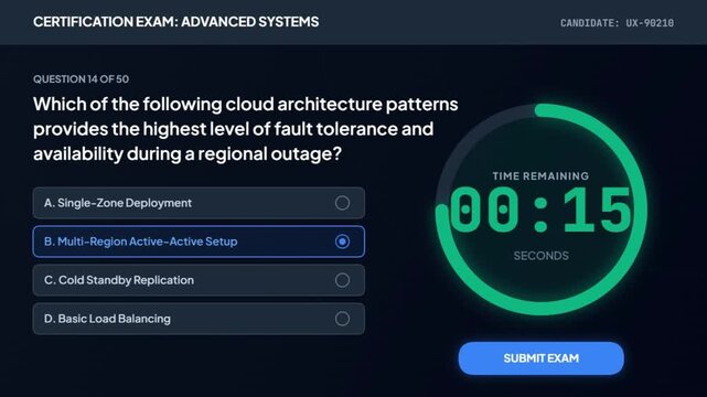 Digital UI Simulation of an Online IT Certification Exam Featuring a Multiple Choice Question on Cloud Architecture with an Animated Countdown Timer