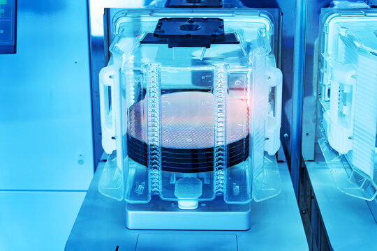 Silicon Wafer Under Cleanroom Fabrication in plastic holder box,integrated circuits to manufacture CPU and GPU