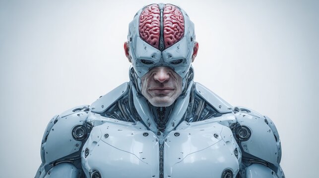 Humanoid figure featuring exposed organic cerebrum integrated with advanced external exoskeleton armor