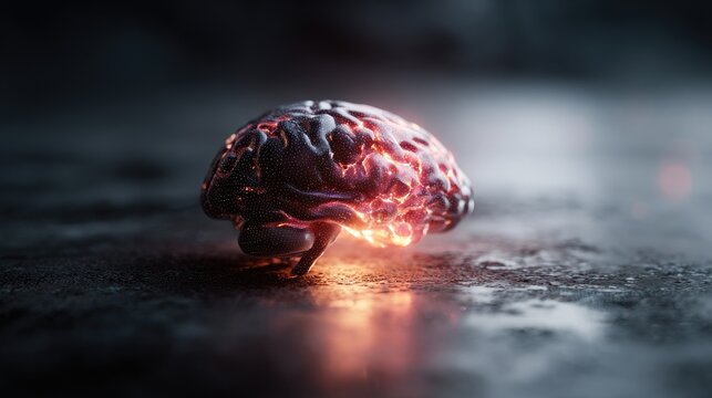 Glowing organic representation of the human cerebrum rests on a dark, reflective surface.