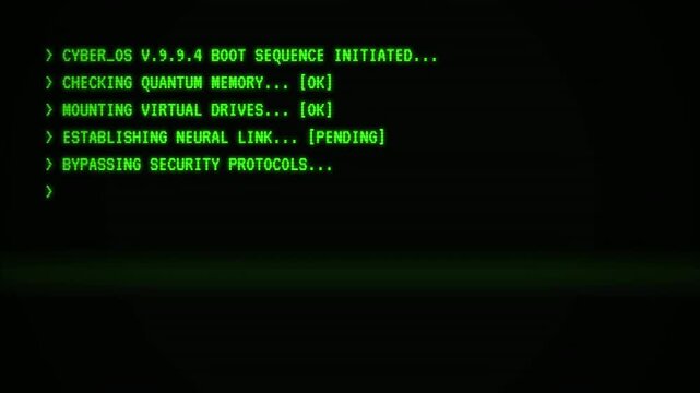 Retro Cyber OS Computer Boot Sequence and Data Decryption Animation with Glowing Green Text on Black Background