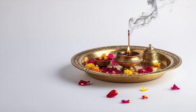 Traditional Indian puja thali with lit oil lamp and burning incense on white background