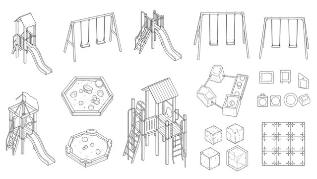 Isometric playground equipment set with slides swings climbing frames and outdoor play structures vector collection