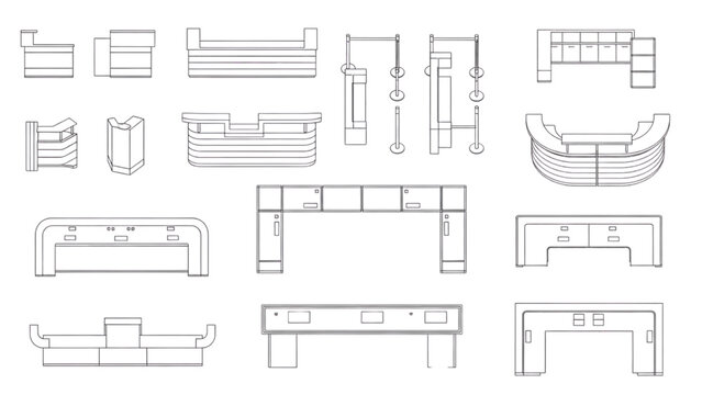 Top view service counters and reception desk layouts with linear and curved configurations furniture plan vector set