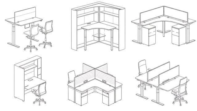 Isometric office workstation desks with partition panels ergonomic chairs and modular workspace configurations vector set