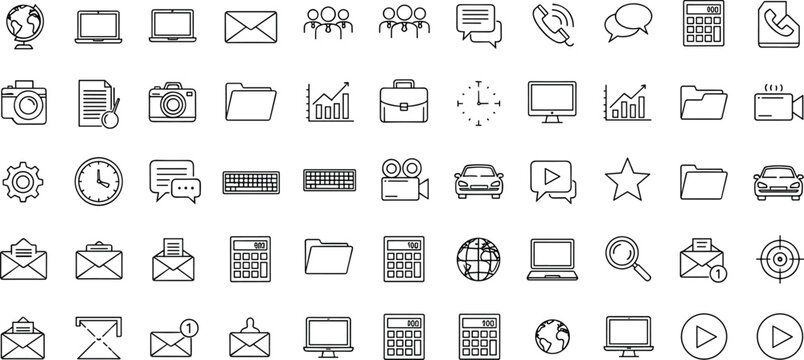 Universal Business and Office Line Icon Set with Communication, Media, Finance, Technology, Documents, Analytics, and Productivity Outline Vector Collection