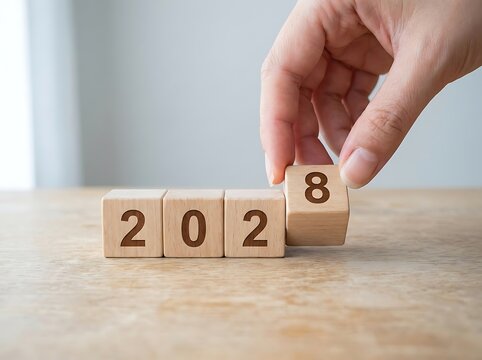 Professional hand placing final wooden block with number 8 to form year 2028 sequence.