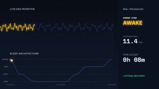 Sleep Tracking Interface with Live EEG Waves, Sleep Architecture Hypnogram and Real-Time Stage Analysis showing Deep, Light and REM Sleep Cycles
