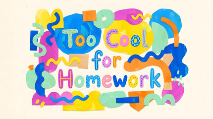 Naklejka premium A vibrant, abstract graphic illustration declaring a carefree, youthful attitude with colorful shapes and bold typography saying 'Too Cool for Homework'