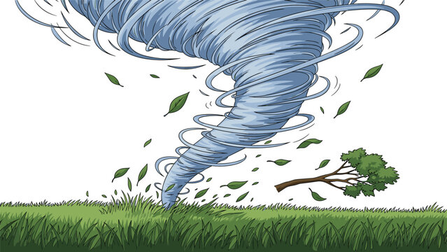 Massive tornado vortex swirling over a green field and uprooting trees during a violent and dangerous storm scenario.