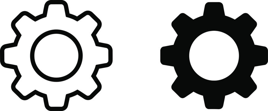 Pair of black gear icons showing solid and outline versions for mechanical industrial settings and engineering