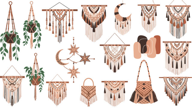 Beautiful collection of boho style macrame wall hangings, plant holders, and bags in earthy brown and beige tones.