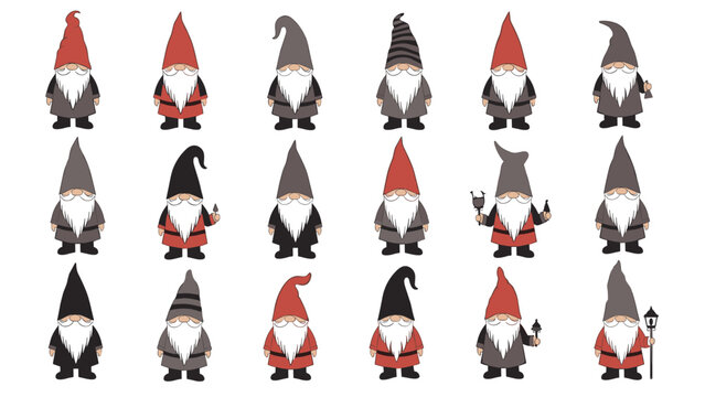 Collection of charming garden gnomes wearing tall pointy hats in various colors like red and grey, some holding small garden tools.