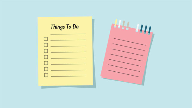 Two sheets of paper on a light blue background, one serving as a things to do checklist with boxes and the other as a simple notepad.