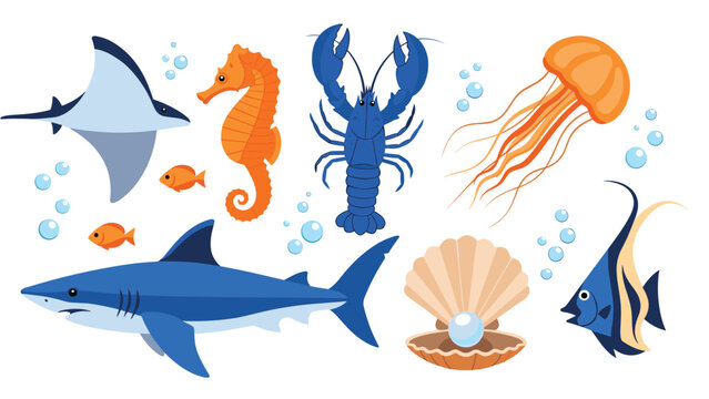 Wide variety of marine life illustrations including a shark, jellyfish, seahorse, lobster, stingray, and a beautiful pearl in a shell.