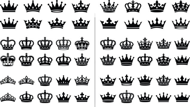 Crown silhouette collection with royal king queen tiara and ornate crowns black vector set for heraldry design