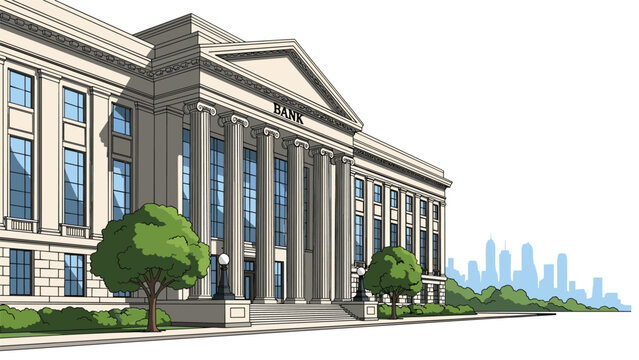 Detailed architectural illustration of a grand classical bank building featuring large columns and a cityscape silhouette in the distance.