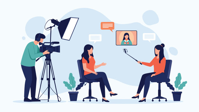 Video production scene where two women are being interviewed in a studio by a cameraman with professional lighting and a large camera.