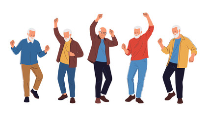 Obraz premium Group of diverse senior men expressing joy and energy by dancing together in various poses on a white background.