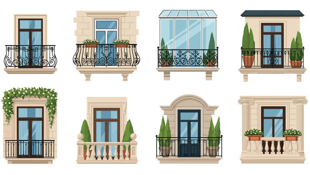 Collection of various architectural balcony designs featuring different styles, railings, windows, plants, and decorative elements.
