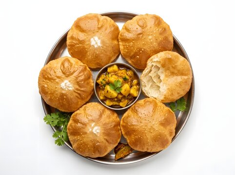 Delicious poori bread served hot with fluffy texture on white background